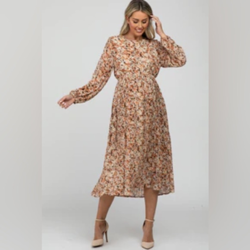Floral Long Sleeve Midi Maternity Dress